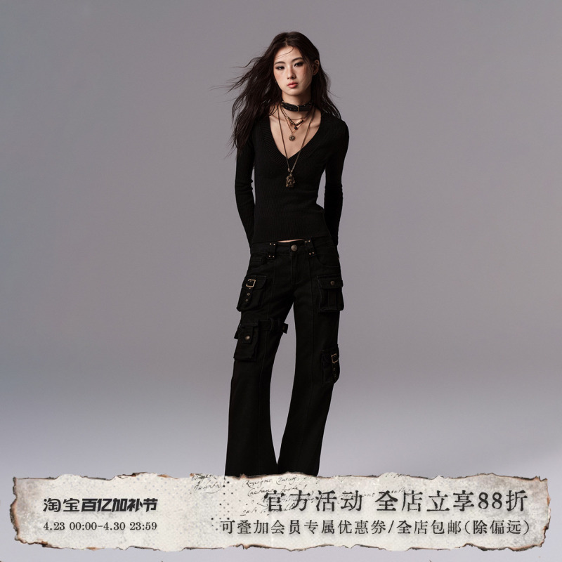 Low Pixel Bronze Buckle Rivet Flared Work Pants Vintage Detachable Pocket Jeans for Women