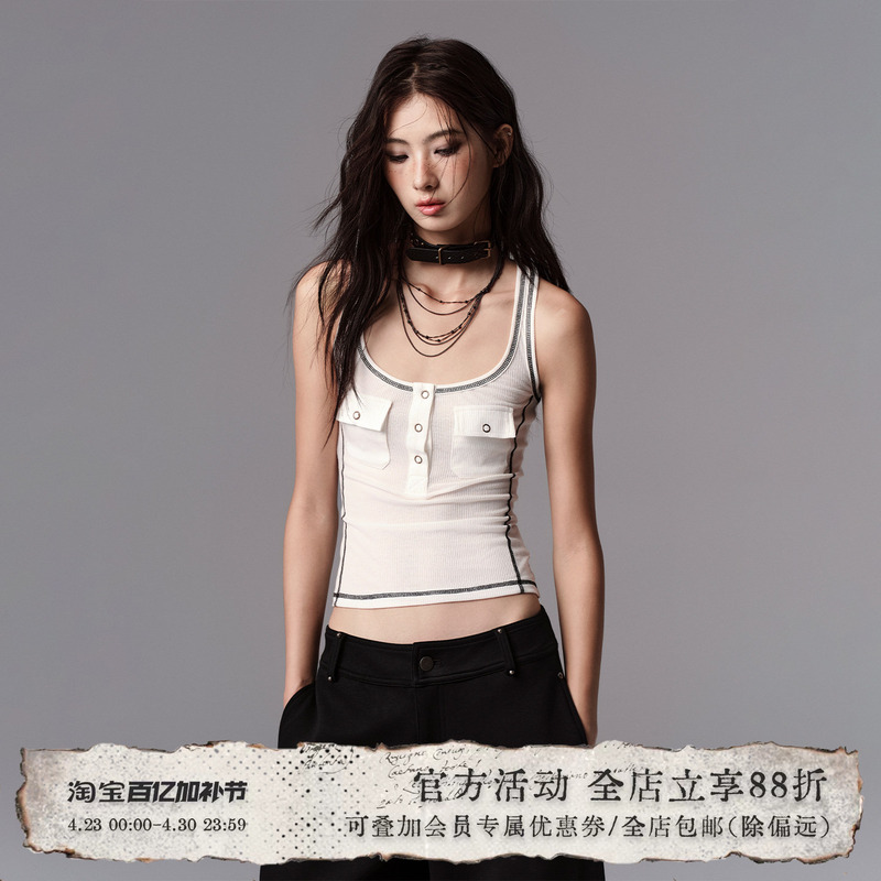 Low Pixel Tencel Wool U-Neck Tank Top with Color-Blocking, Slightly Sheer, Flap Pocket, Slim Fit Top