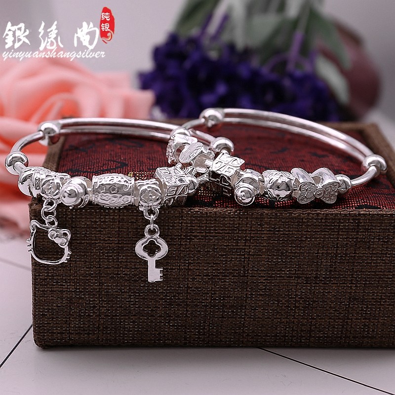 Sterling Silver kitty Bracelet Transfer Beads 990 Foot Silver Bracelet Women's Fashion Turn Push-Pull Bracelet Gift to Girlfriend