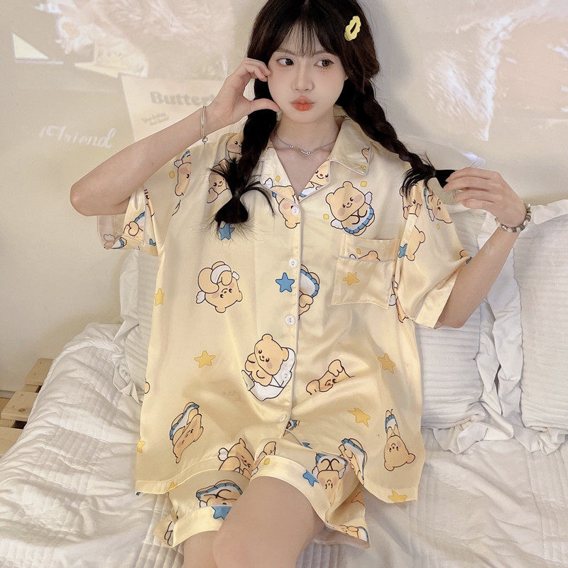 Korean Gioi Butter Bear Ice Silk Pajamas for Women Summer Short Sleeve Thin Cute Cartoon Homewear Set