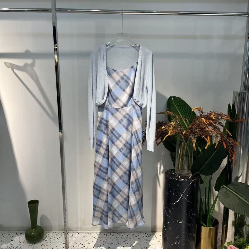 1328-Jr856989 Mall-Style Urban Style Plaid Suspender Dress Long Skirt Fashionable and Elegant Style