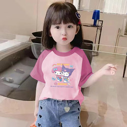 Pure Cotton Girl's Color-matching Short-sleeved T-shirt 2025 Summer New arrival kids Baby's Western-style Kulomi Round Neck Tops