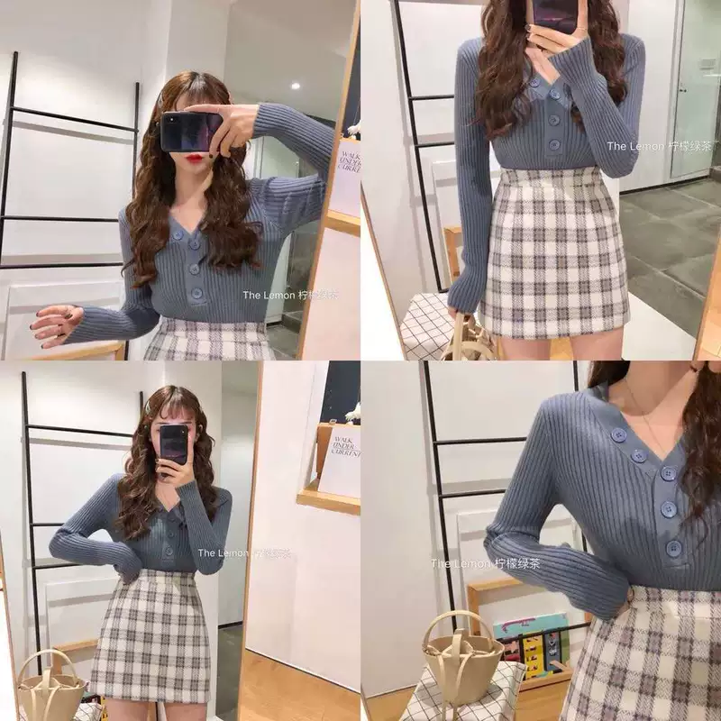 BettyChow Apricot Chic Nút sang trọng V-cổ dài tay đan hàng đầu đan áo len mỏng mới áo len gucci