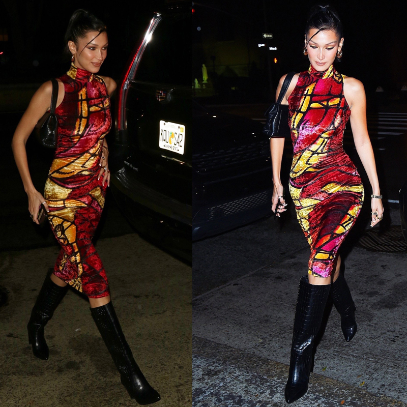Bella Hadid's Birthday Style Abstract Pattern Velvet Print Stretchy Slim-Fit Bodycon Cheongsam Dress Bella Hadid's Birthday Style Abstract Pattern Velvet Print Stretchy Slim-Fit Bodycon Cheongsam Dress