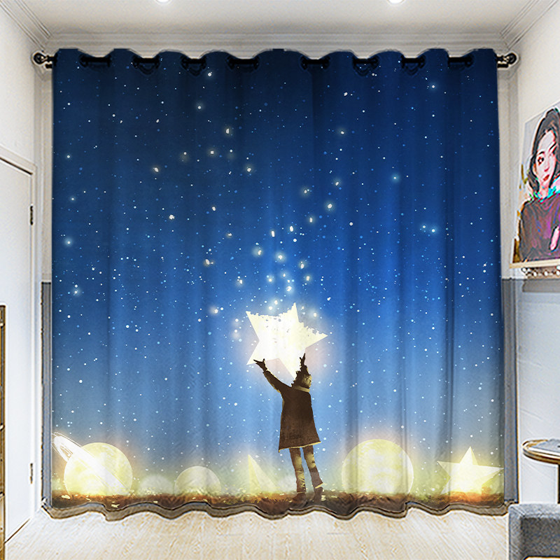 Custom long cord coarse hemp kids with dreamtoon shading heat insulation sunscreen bedroom children room full shading perforated curtains