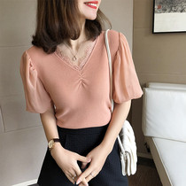 Korean chiffon shirt short sleeve jacket womens spring summer 2021 new foreign style lantern sleeve shirt lace lace