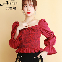 Square collar vintage careful machine wooden ear foreign style small shirt 2021 spring new red plaid bubble sleeve top female