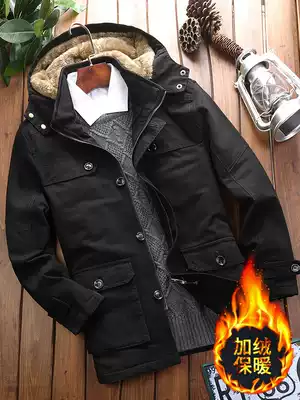 Cotton clothes men plus velvet thickened multi-pocket cotton-padded jacket medium and long version of dad tooling outdoor large size mountaineering cotton jacket winter