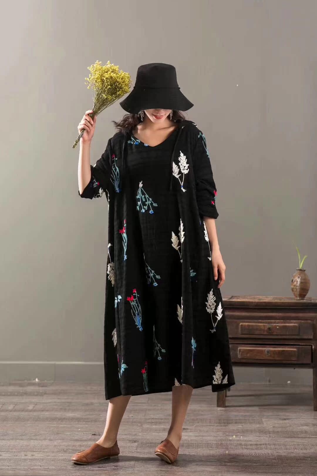 J4 mùa thu mới phong cách quốc gia thêu cotton và linen dress kích thước lớn lỏng jacquard trùm đầu đầu dài tay áo choàng váy