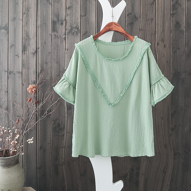 HD31 mềm chị trumpet tay áo thêu nặng thêu tua cotton và linen áo văn học loose linen T-Shirt áo sơ mi mẫu áo sơ mi nữ cổ tròn đẹp