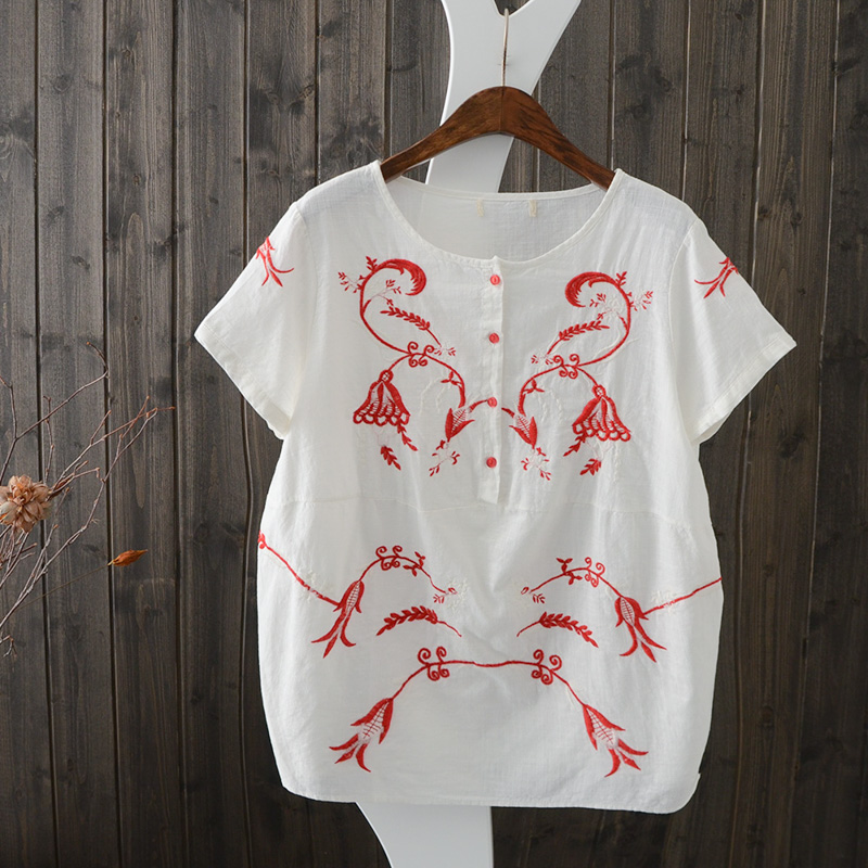 DM17 mùa hè mới ngành công nghiệp nặng màu gió quốc gia thêu ramie t-shirt ngắn tay hoa gai áo sơ mi nữ áo sơ mi nữ cổ sen tay dài
