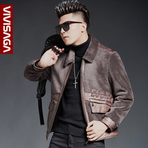 Winter fur one-piece men Haining sheep shearing coat Leather leather fur lapel slim leather jacket jacket short