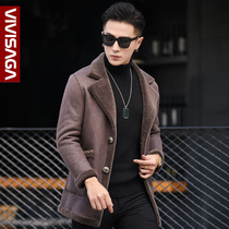 Sheep shearing coat Fur one-piece mens wool fur double-sided wear coat medium-long leather leather jacket winter