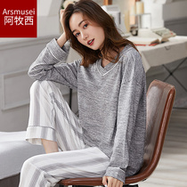 Pajamas Pure Cotton Woman Long Sleeve Full Cotton Spring Autumn Style Round Collar Sleeve Head Loose Casual Outwear Home Conserved Big Code Suit
