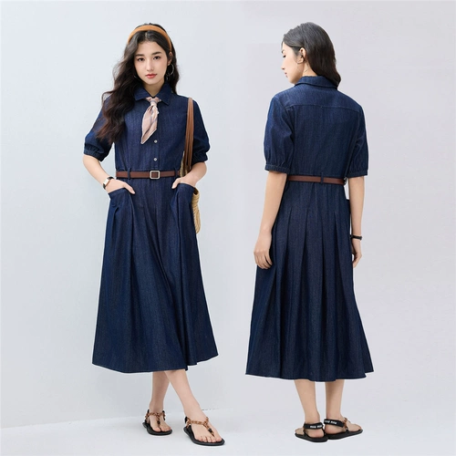 Женское джинсовое платье в стиле Giordano miu с плиссированными лацканами и полуоткрытой 𫔭 планкой 18465506