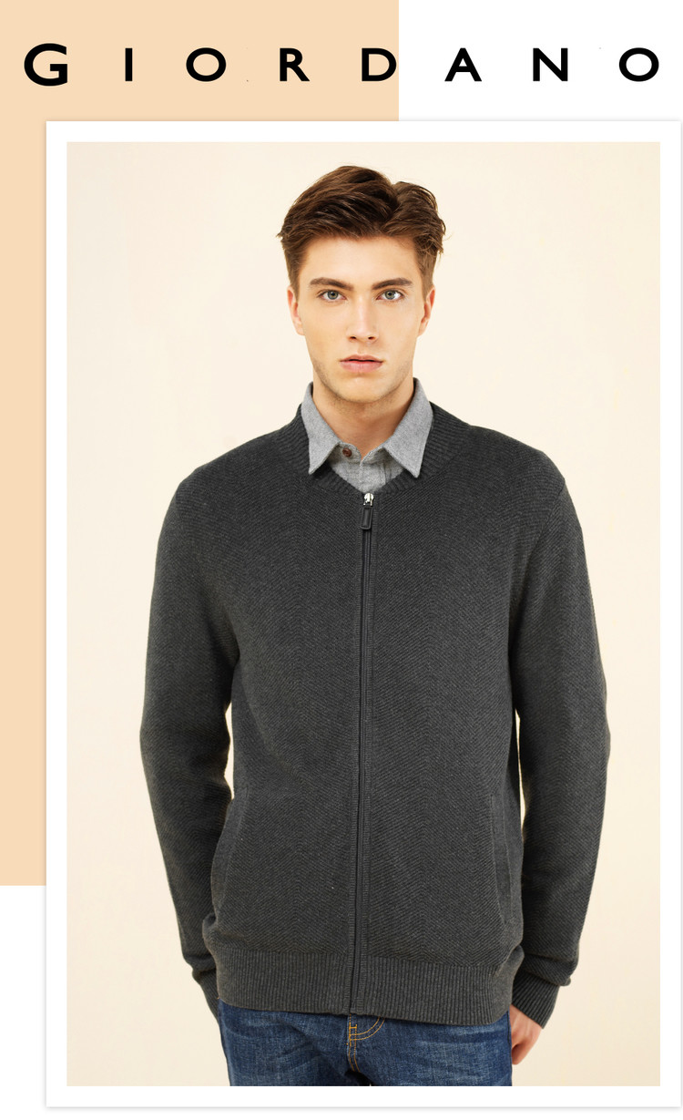 Giordano Dệt Kim Nam Mùa Thu Đơn Giản Bông Zipper Cardigan Áo Len Mở Ngực Áo Khoác 01057732