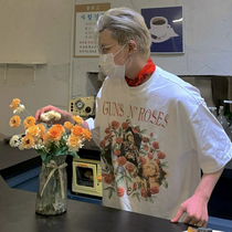 Gun Blossom Band Retro Doing Old Rose Printed High Street Wind Looser and Men and Women