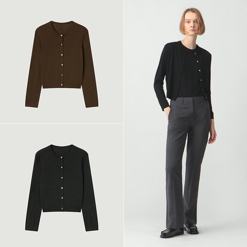 Th Classic Style 100% Merino Wool Round Neck Long-Sleeved Knitted Cardigan Commuter Short Cardigan Thin Jacket