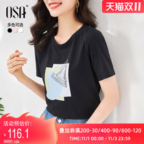 OSA summer 2021 new black round neck T-shirt short sleeve ladies fashion print new commuter loose top