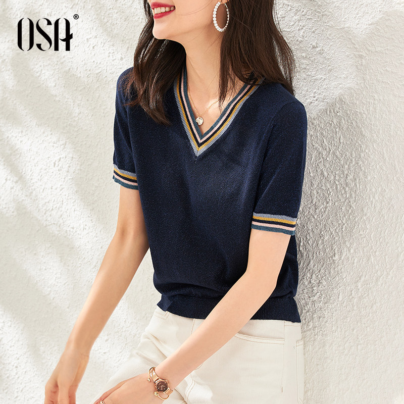 OSA Osa thin section ice silk sleeve head V-led knit cardiovert woman short sleeve summer 2022 new loose blouse shorts