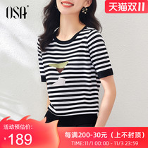 OSA Ice Silk short sleeve knitwear womens summer 2021 New thin Joker pullover black and white striped top tide tide
