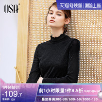 OSA spring and autumn black long sleeve plus velvet padded knitted T-shirt top base shirt Womens interior winter 2021 New