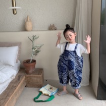 South Korean version 2021 New products Childrens summer back with pants casual girl retro crumpsuit one-piece clothes baby hanging with pants