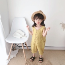 Childrens clothing loose sleeveless V-neck linen cool jumpsuit childrens seven-point strap pants climbing suit 774