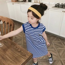 Fashion girls Summer Navy style striped embroidered dress children long sleeveless vest T skirt 704