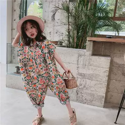 Fashionable custom Korean version of the new men's and women's children's jumpsuits children's large floral retro printed jumpsuits 104