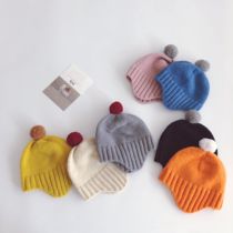 ins Wind color ball ball childrens knitted hat earring hat for boys and girls autumn and winter cute baby bean Ding hat wool hat