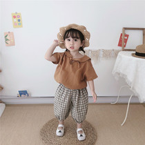 Custom Boys and Girls cute doll collar short sleeve cotton linen shirt childrens college style cotton linen T-shirt shirt 504
