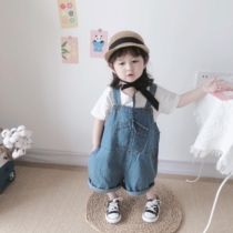 Cute retro backpack pants Korean version of boys and girls washed retro denim pants childrens loose jumpsuit 402