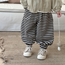 Korean childrens clothing girls cartoon embroidered striped sweatpants 2024 autumn new arrival boy baby versatile casual sweatpants