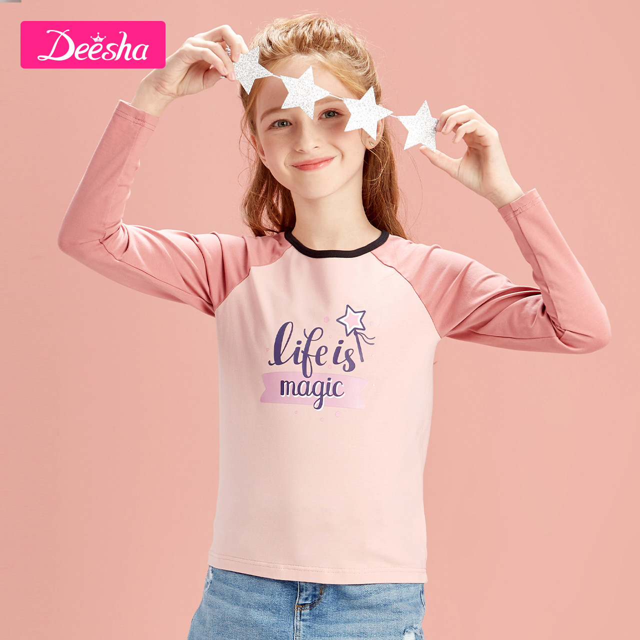 Mang Desa trẻ em Girl dài tay áo thun mùa xuân rơi Vòng bé Collar Letter In chút bay tay hàng đầu