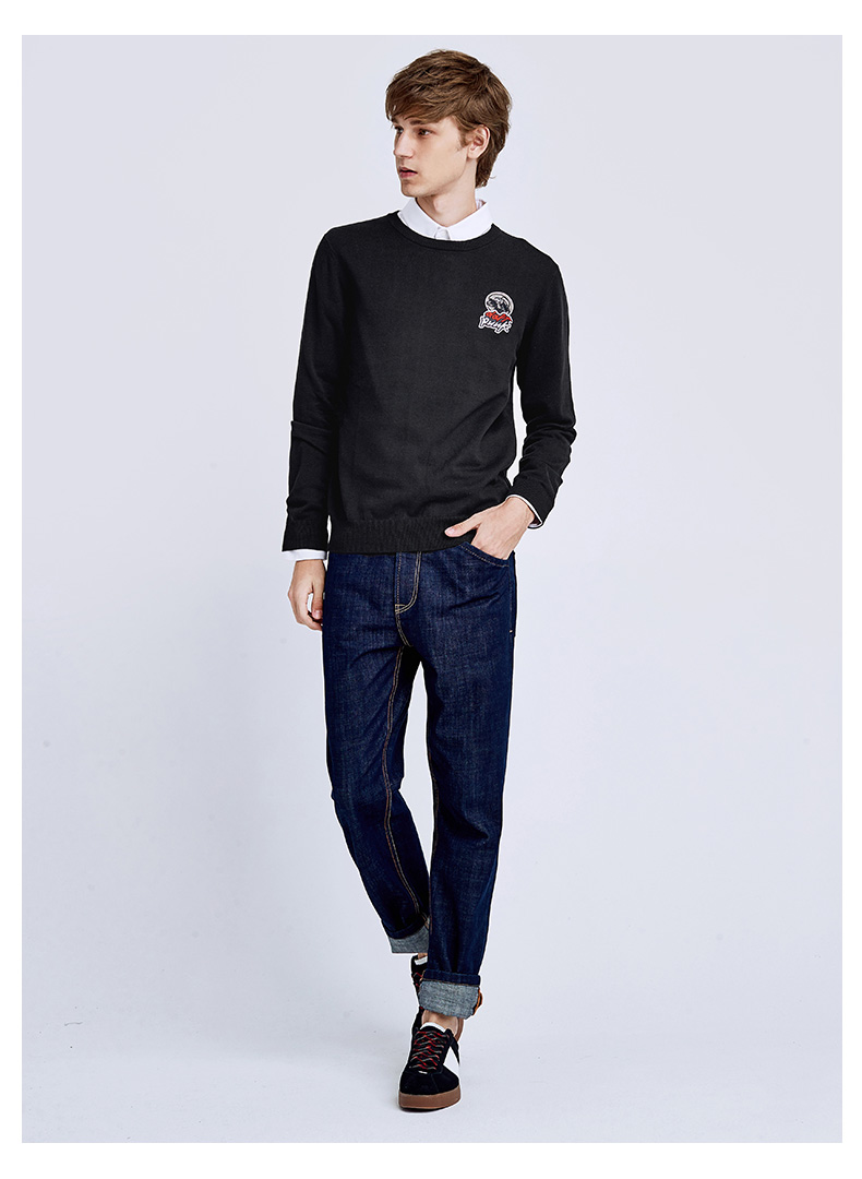Mark Huafei Hàng dệt kim Nam mùa thu và mùa đông Thời trang giản dị Cotton Tương phản Patch Appliqué Áo len cổ tròn quần thể thao nam