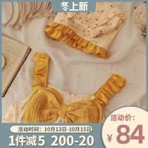 Lucky day Japanese sweet bow cotton gauze pajamas female Summer Girl suspenders home clothes