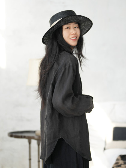 几见 原创设计春夏苎麻长袖衬衫T透气上衣圆领衬衣宽松复古W51718