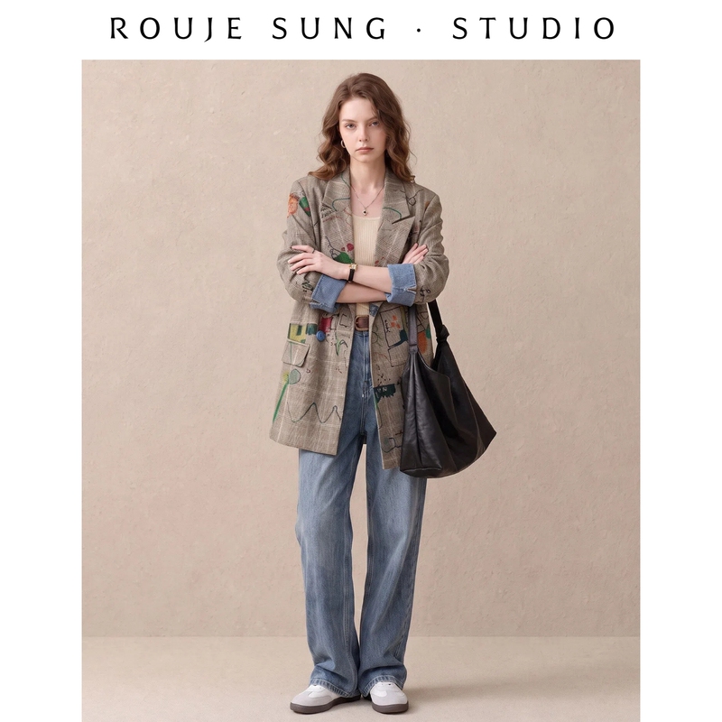 Rouje Sung Small Fragrance Style Graffiti Plaid Blazer for Women, Long-Sleeved, Color-Blocking, High-End, Fashionable Silhouette Suit