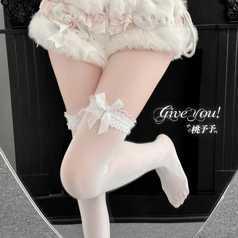 Tao Yu Yu Cream Style 80D Velvet Cute Bow Over-The-Knee Lace Trim Long Lolita Stockings Tao Yu Yu Cream Style 80D Velvet Cute Bow Over-The-Knee Lace Trim Long Lolita Stockings