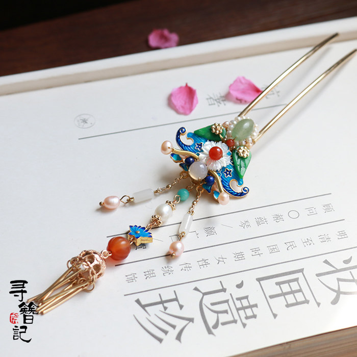 Handmade classical hairpin Hanfu accessories step rocking headgear Ming and Qingfeng hairpin cloisonne burnt blue tassel cherish fleeting years