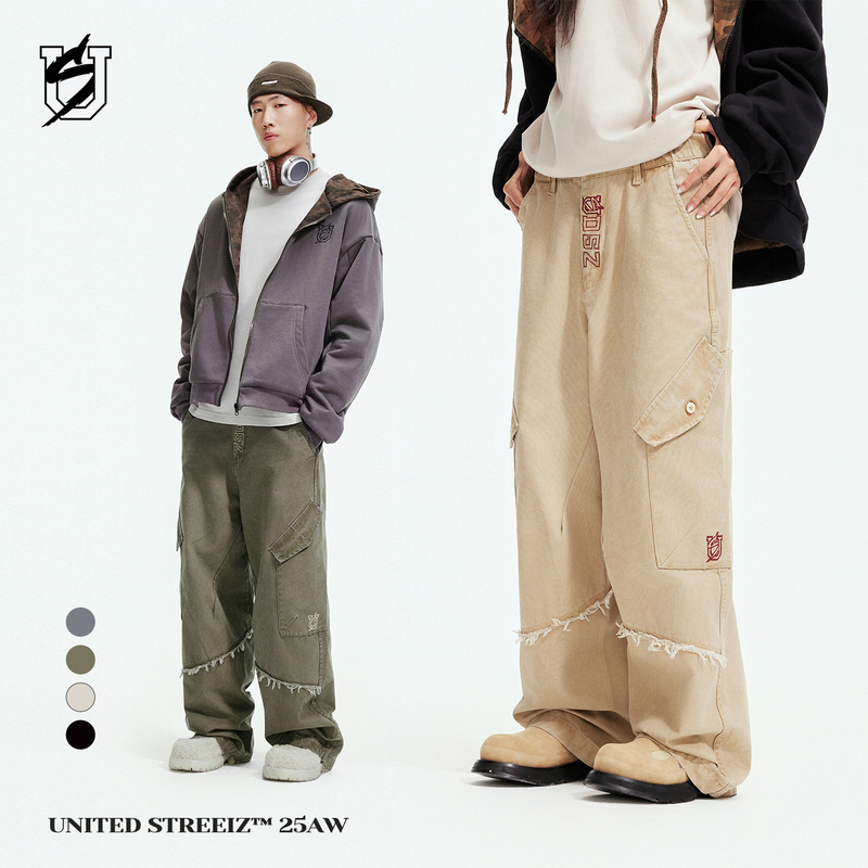 Us Federal Street Brand Embroidered Slant-Pocket Pants, Distressed Washed Twill Cotton Street Dance Hip-Hop Style American Workwear Jeans