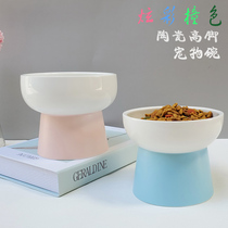 Colorful contrasting shallow mouth ceramic high-footed pet cat food rice bowl oblique mouth guard cervical vertebrae cat food basin anti-overturning cat and dog water bowl