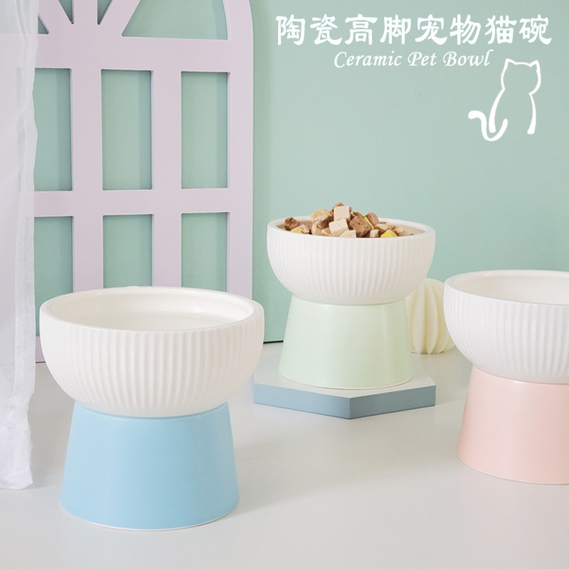 Ceramic cat bowl double bowl pet high foot food bowl cat food bowl protection cervical vertebra cat water bowl small dog rice bowl