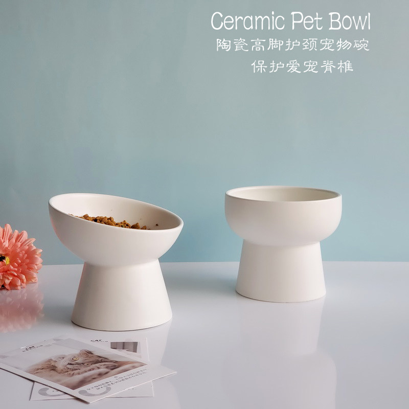 Ceramic oblique mouth guard cervical vertebrae cat bowl water bowl high foot pet tableware cat food bowl dog anti-turn flat face cat food bowl