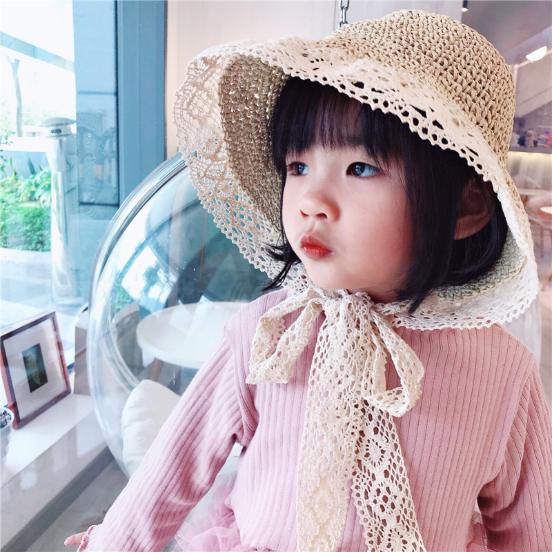 Children's male main wind straw hat Han version girl baby retro wind lace lace small fresh and folding beach hat
