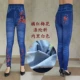 Mùa xuân chất liệu polyester mỏng in giả quần legging denim căng tròn ôm sát eo cao quần hoa da mẹ size quần - Quần tây thường