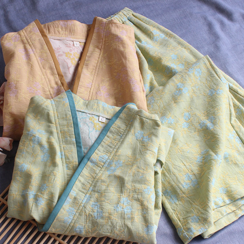 High-End Jacquard National Style Pajamas for Women, Spring, Autumn and Summer, Double-Layer Jacquard Pure Cotton Kimono, Home Wear, Hanfu