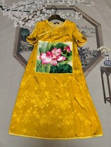 Original ethnic style womens Su embroidery hand embroidery lotus Chinese style retro yellow jacquard cotton dress
