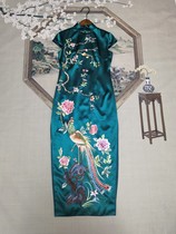 2020 new pure hand embroidery flowers and birds pan gold custom cheongsam banquet dress Chinese silk green cheongsam